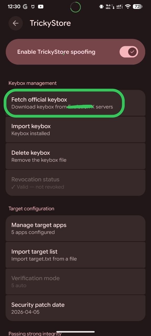 Evolution X Evolver preference showing EvoX servers for built-in keybox fetch