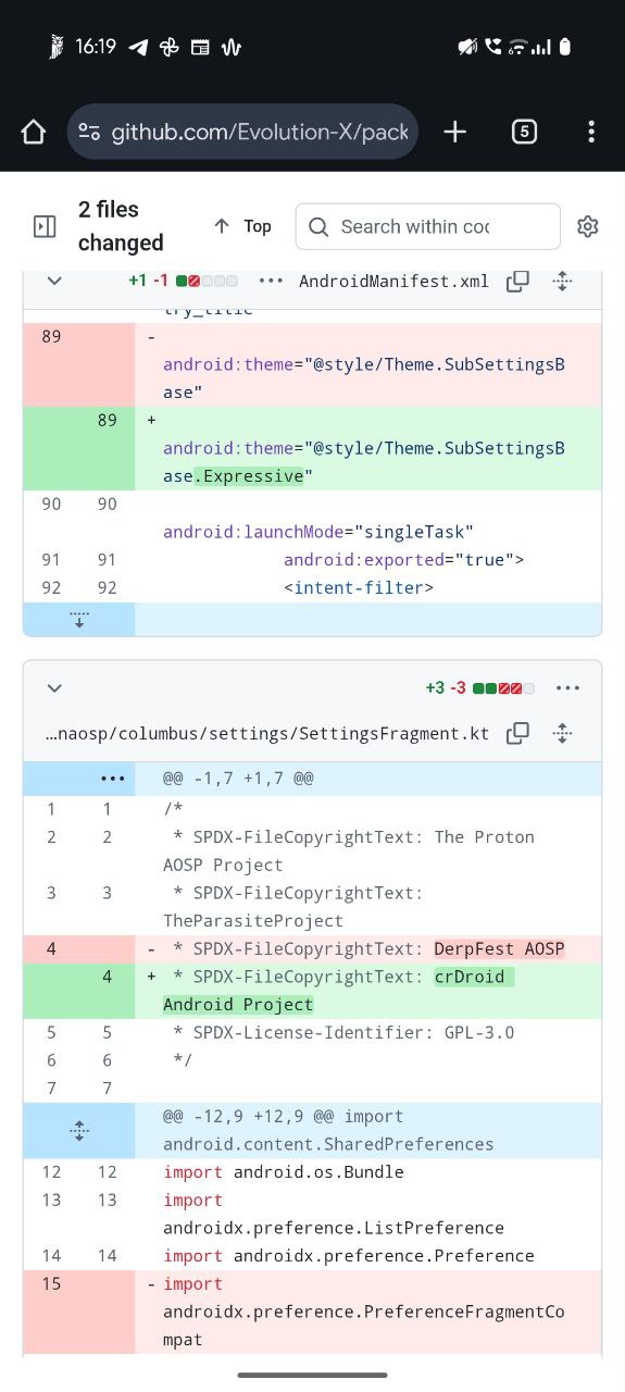 Screenshot showing Joey replacing DerpFest copyright with crDroid