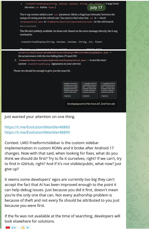 Joey Huab on Evolution X Telegram claiming Claude Code wrote the LMOFreeform commit