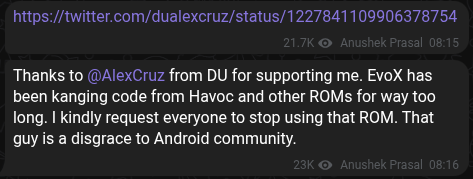 Havoc OS developer's post about Evolution X cherry-picking
