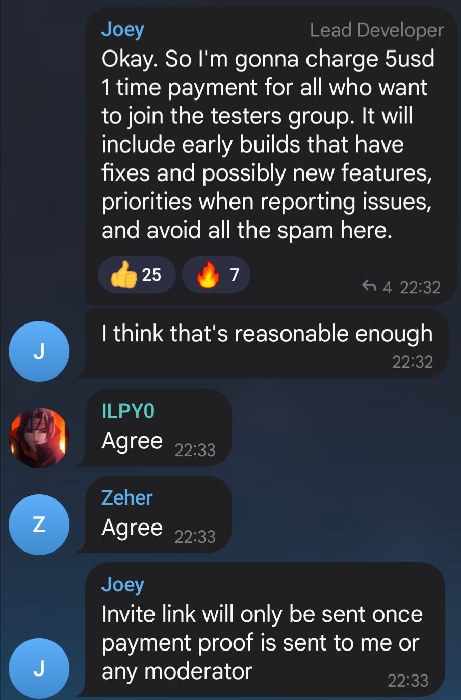 Joey charging $5 for testers group access